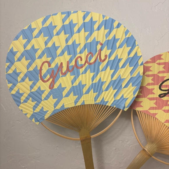 Gucci Houndstooth Patterned Bamboo Paper Fans Blue Yellow Peach Pink Summer Hues